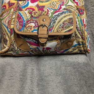 Multicolor Paisley Canvas Crossbody Bag with Tan Trim